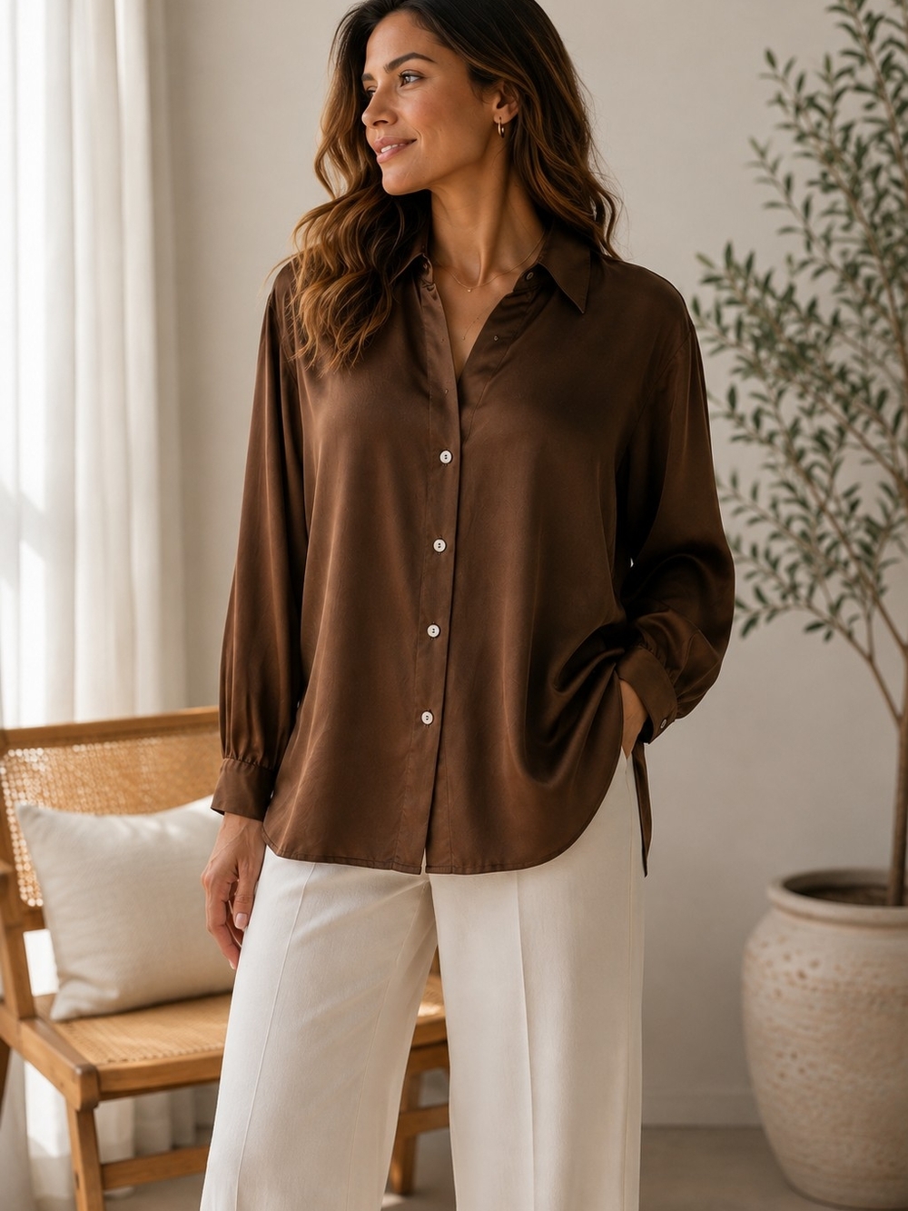 Country Road 100% Silk Brown Blouse Shirt L Fits M Pearl Buttons